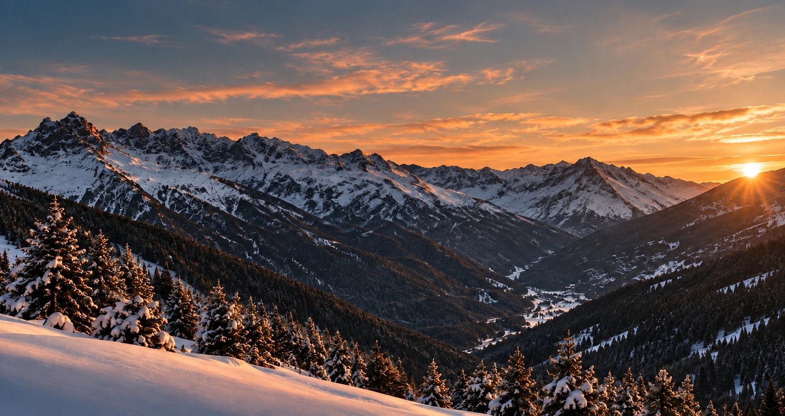 Serralada nevada i avets al capvespre, amb el sol ponent-se sobre la vall